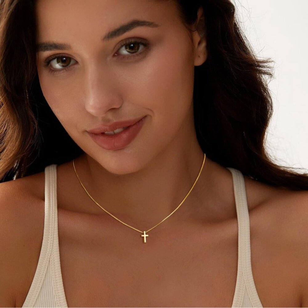 Women 01 Tiny Cross - Gold 14K Gold Silver Cross Necklace - Non Tarnish Jewelry - Picture 2 of 9